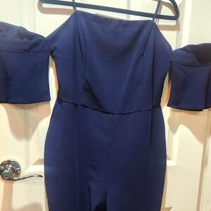 Navy blue off the shoulder jumpsuit dressy straight leg